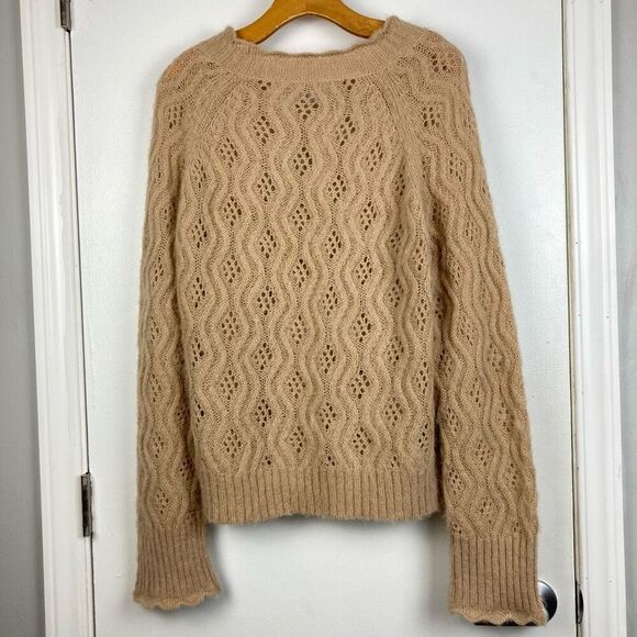 J Crew Women’s Pointelle Scallop Trim Sweater Beige Tan Crochet Eyelet Alpaca XL - Picture 4 of 8